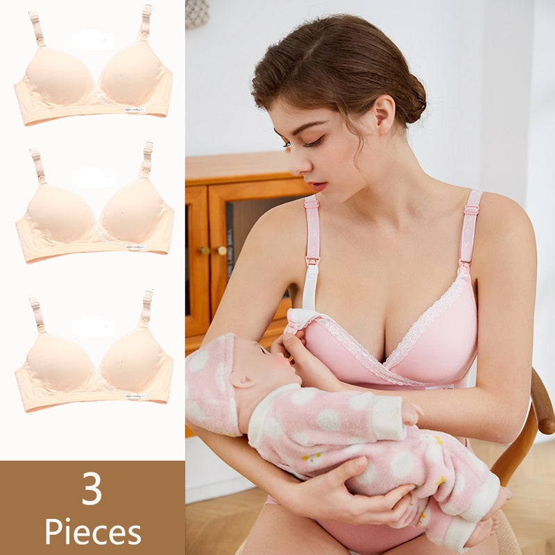 a beautiful young mom is going to nurse her baby, she's unsnapping her nursing bra using her left hand and holding her baby in her right arm. the nursing bra is sold in pack of 3, color skin