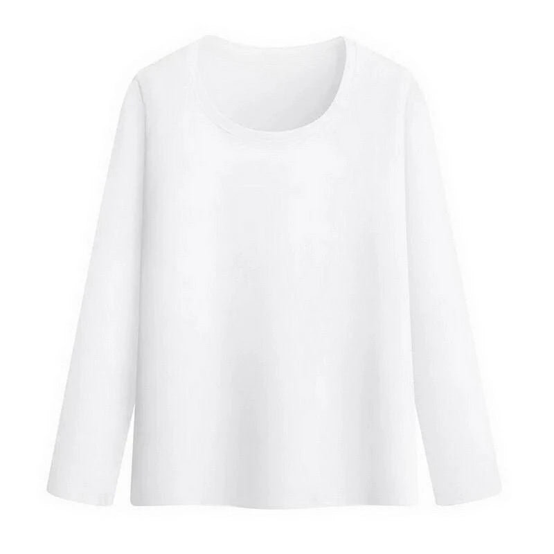 a white women base layers thermal shirt with o-neck and long sleeve on a white background