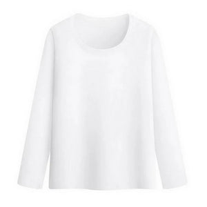a white women base layers thermal shirt with o-neck and long sleeve on a white background