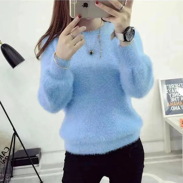 a young woman wearing fuzzy warm sweaters fluffy sweater 