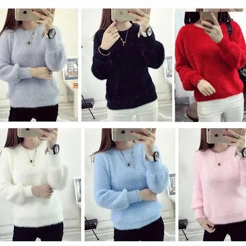 Cozy & Chic: Ladies' Fuzzy Sweaters Collection - Fluffy Pullovers in Red, Pink, Black & More!