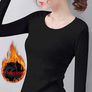 you can see the upper body part of a young woman wearing a thermal shirts o-neck long sleeve color black fleece lined