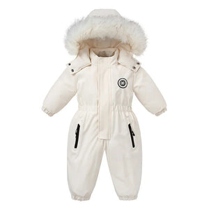 white waterpoof down overall for toddlers front view