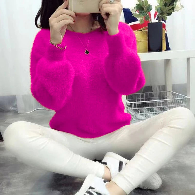 a teenage girl wearing a hot pink fuzzy sweater warm fuzzy sweater