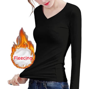 a slim young woman wearing a thermal tee shirts for womens 