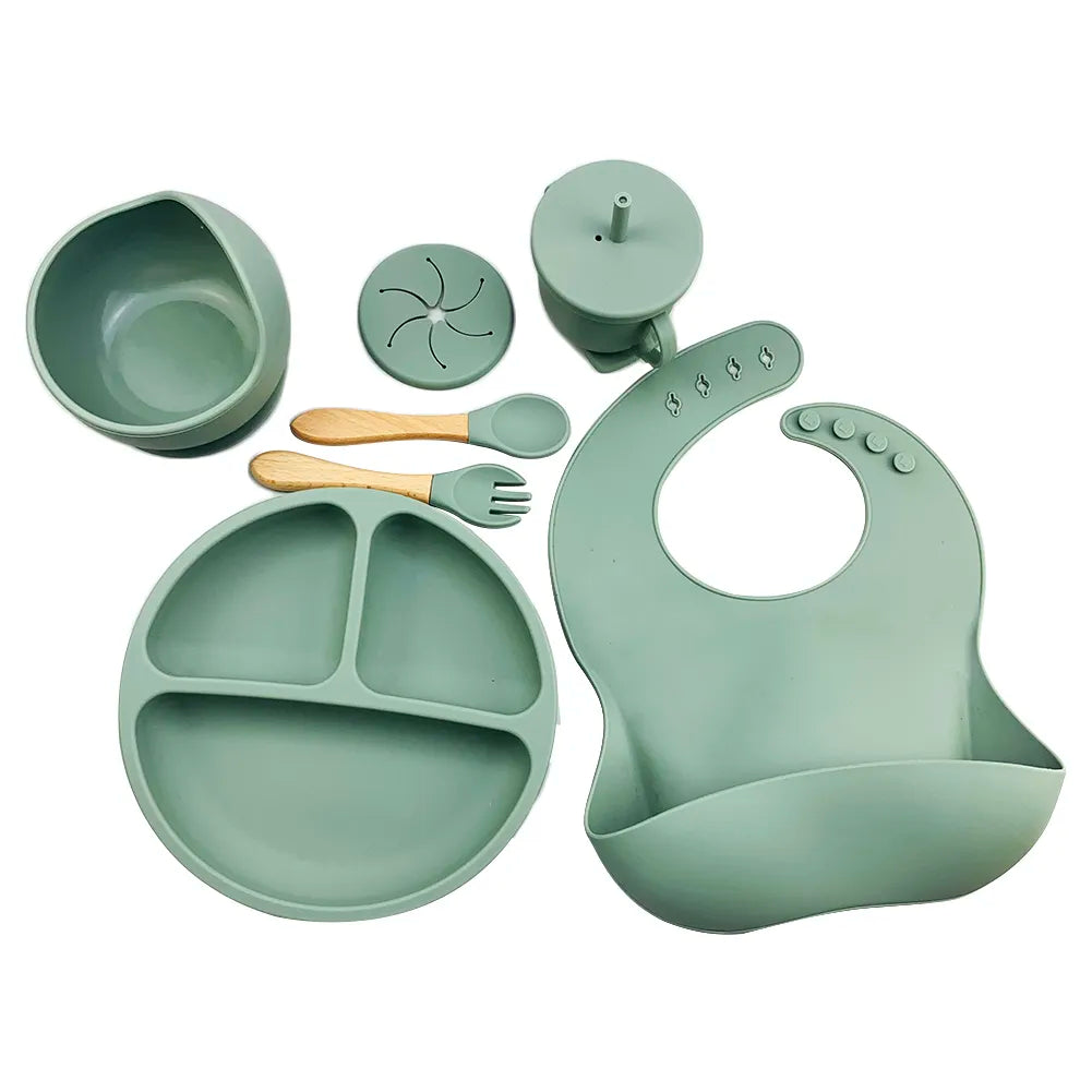 Ultimate Silicone Baby Feeding Set for Easy Baby Led Weaning - Suction Bowl, Divided Plate, Spoons, Forks, Sippy Cup, Adjustable Bib, and More!