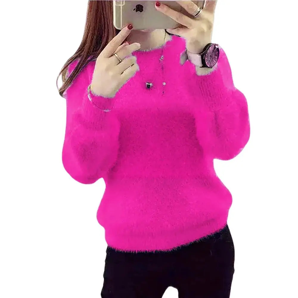  a young woman taking a selfie wearing her gorgeous hot pink sweater soft fluffy 