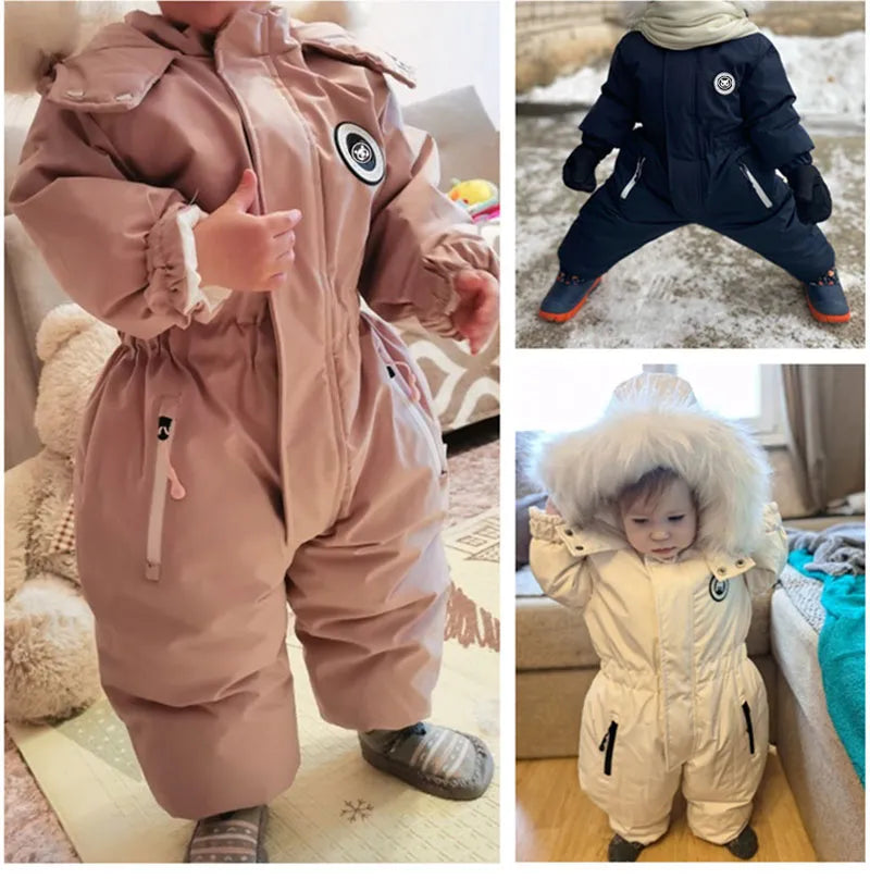 3 pictures presenting cute toddlers wearing snug and cosy skisuits