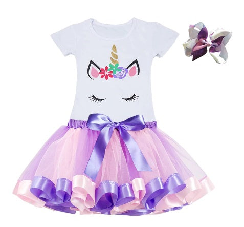 Unicorn T-Shirt, Rainbow Ballet Skirt and Hair Bow, 3 Pcs COMBO