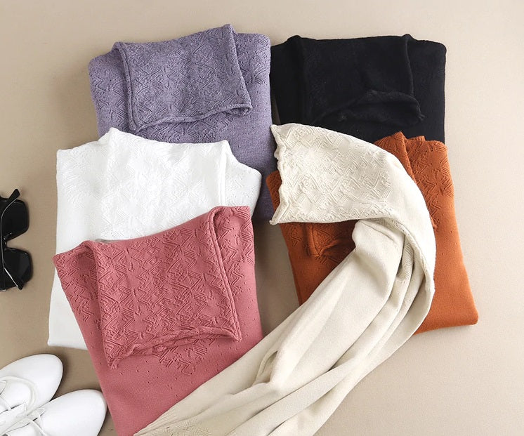 this picture is presenting the pallette of beautiful basic colors of the turtleneck sweater: white, beige, light pink, light gray, black and brown.