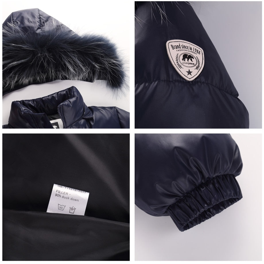 this picture is taking a close look at 4 outstanding feature of the winter coat for juniors. Top left features the detable hood. Top right features the brand label situated on the sleeve. Bottom left shows that the filling is 90% white duck dow. And the bottom right features the elastic cuff which keeps little hands warm whatever the weather
