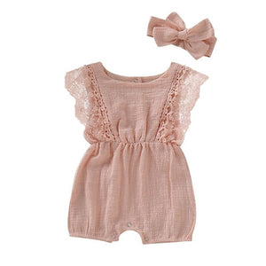 Summer Lace Ruffle Romper and Headband Set for Baby Girls