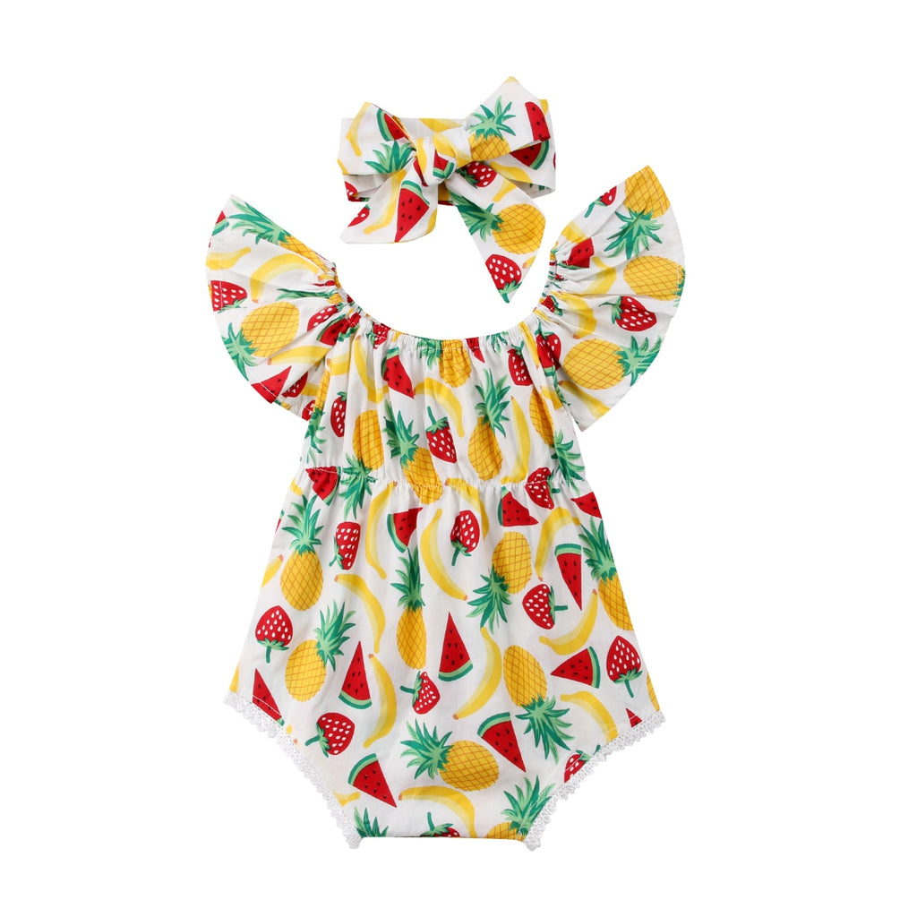 Baby Girl Fruit Jumpsuit with Flying Sleeves and Headband Suit