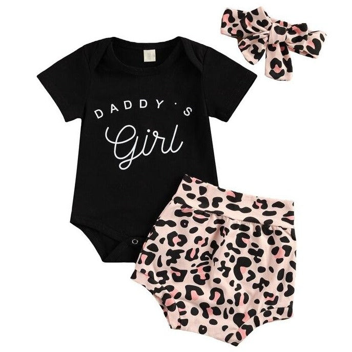 Baby Girl Summer Suit, Short Sleeve Letter Printed Romper and Leopard Shorts and Headband, 3 Pcs Set 0-18M