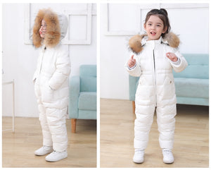 white infant snowsuit