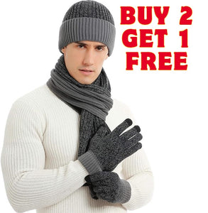 tthis picture is presenting a handsom young man wearing a warm knitted hat, scarf a touchscreen gloves 3 piece set , you can also see this item is on sale:buy 2 get 1 free special offer 