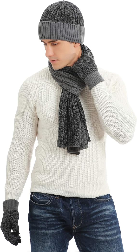 a handsom young man wearing 3 hat gloves scarf set 3 piece hat scarf gloves in gray and black