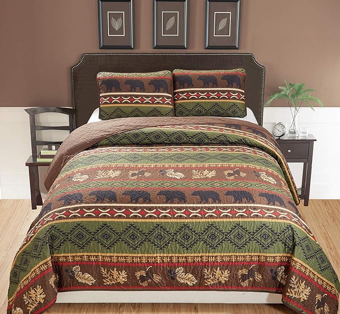 Rustic Southwestern Brown Quilt Set: Native American Grizzly Bear & Pinecone Prints, Twin Size - 2-Piece Bedspread