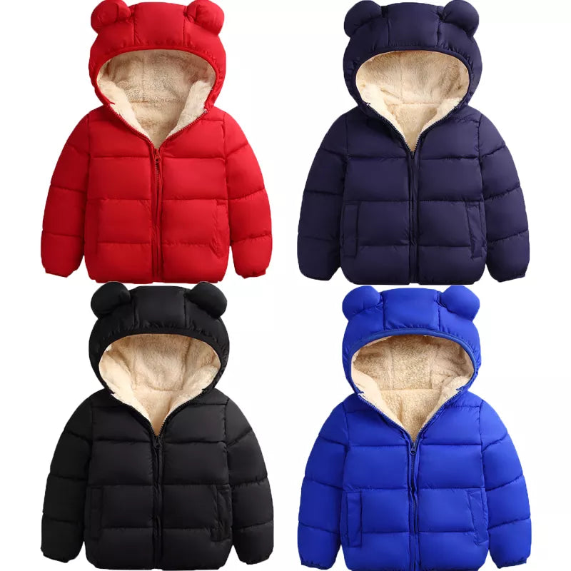 3D Ear Hooded Down Padded Jacket for toddlers comes in 4 different colours, red, blue, black, royal blue