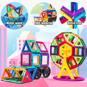 the picture is showing that our Magnetic Building Tiles | Magnetic Building Squares | Educational Toys are washable, glitch free and made of abs materilas