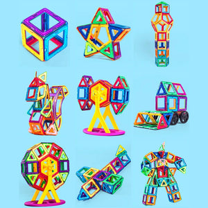 this inspiring picture is showing 9 toys made of Magnetic Building Tiles | Magnetic Building Squares | Educational Toys. the  toys are: a 3d cube, a 3d star, a tv tower, a squarrel, an oil pump, an excavator, London Eye, a rocket and a robot. You look at them and can't help but grab your tiles and create your own 3d toys