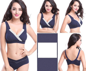 front view, back view and side view of a slim young woman wearing a 100% Cotton Bras For Sensitive Skin color blue with tiny white dots