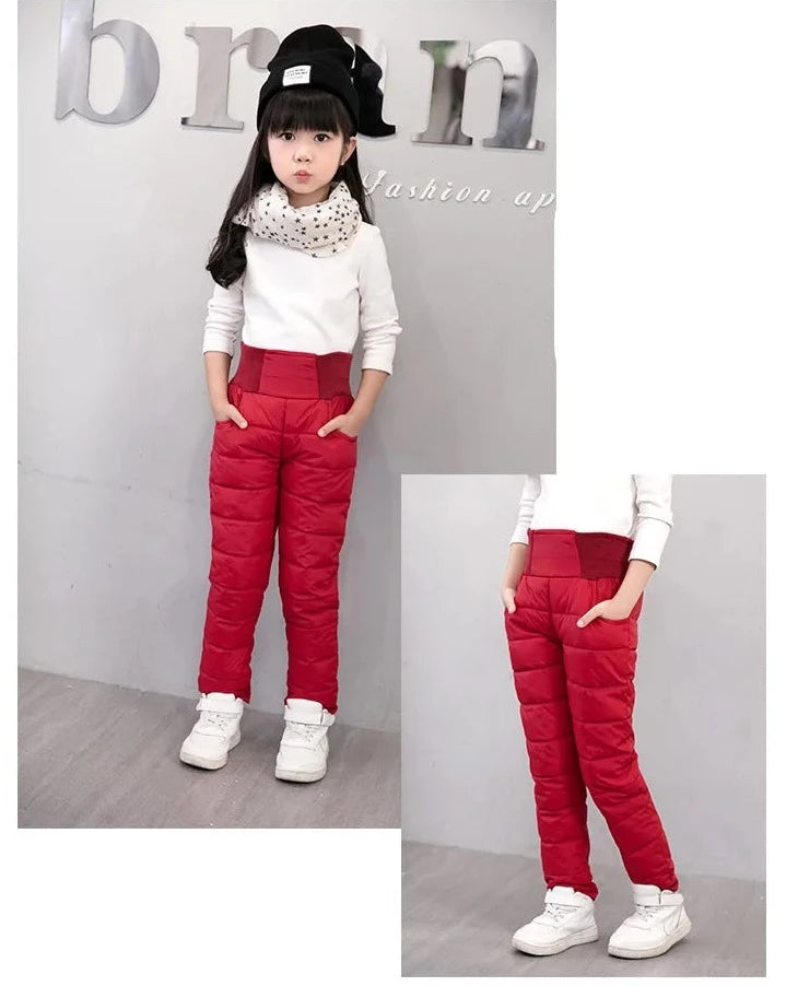 this picture is presenting a 9 year old girl wearing red Elastic High Waist Ski Leggings front view abd side view