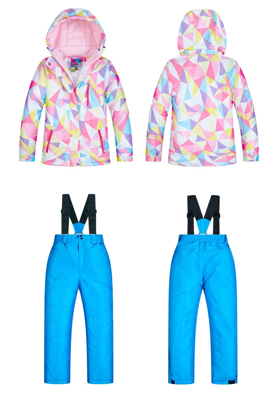 front and back view of ski jacket and pants set