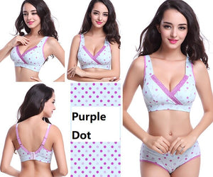 front view, back view and side view of a slim young woman wearing a 100% Cotton Bras For Sensitive Skin color light blue with little dots in diffirent shades of purple
