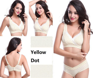 front view, back view and side view of a slim young woman wearing a 100% Cotton Bras For Sensitive Skin in nude color with tiny dots