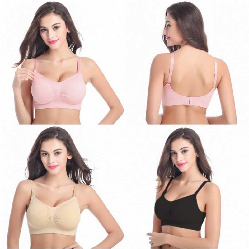 4 pictures in one of a beautiful lady wearing motherhood nursing sports bra colors pink, nud and black