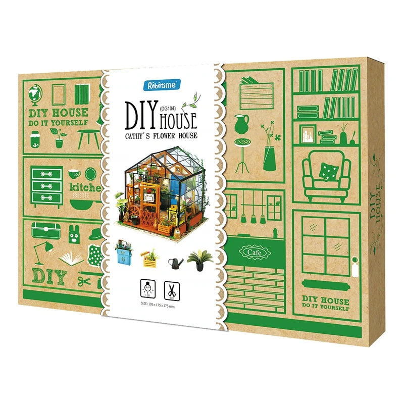 DIY Doll House: Green Miniature Wooden Kit with Furniture | Assemble Toy for Children and Adults