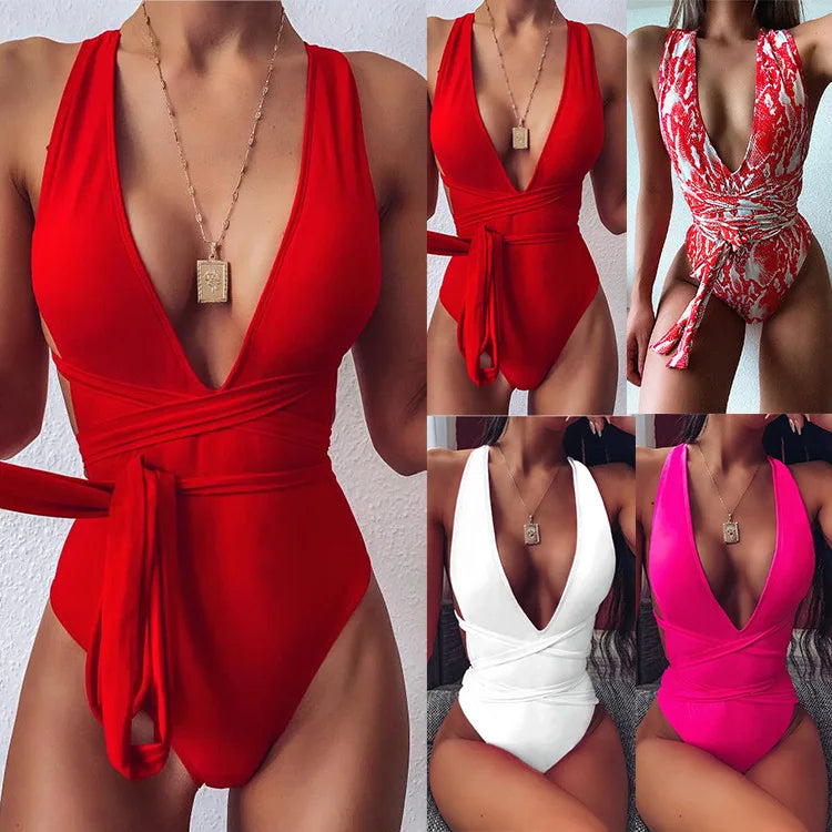 One Piece Swimsuit Women Sexy Solid Push Up Lace Up Bandage Body Backless Bathing Suit