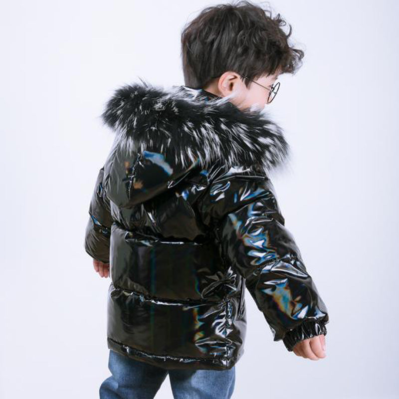 a happy 7 year old boy wearing Winter Jacket For Kids color black with extra shiny finish. back look