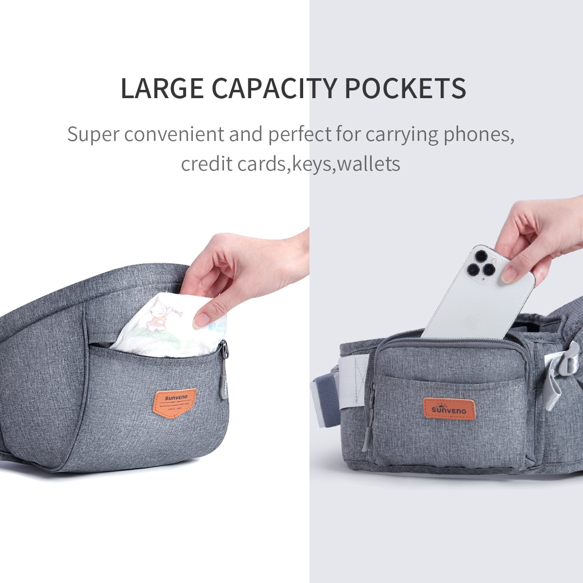 the baby carrier has large capacity pockets for your phone, credit cards, cash, keys, wallet