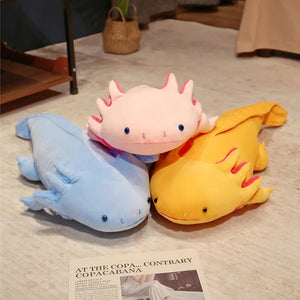 3 Big Axolotl Plushes in pink, blue and yellow