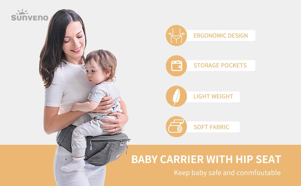 the infographics presents a hapy mom holding her baby with ease because she is using baby carrier hip seat 