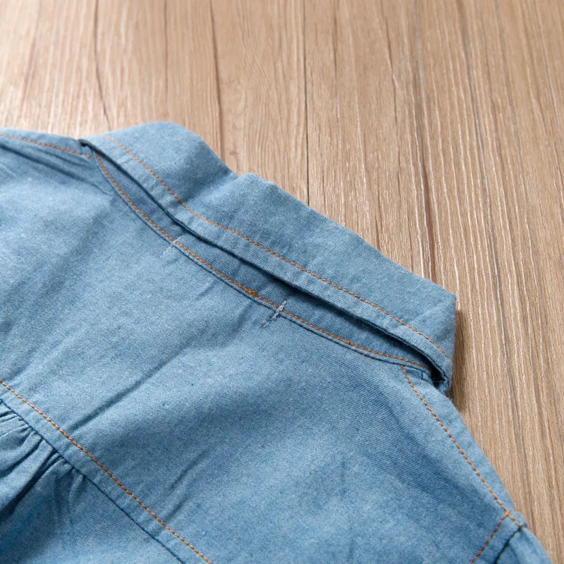 this picture is taking a closer view of turn down collar of our denim shirt Dress for Girls 3 year old back view