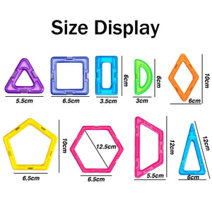 the picture is presenting the sizees of our magnetic shapes, such as squares, triangles, rectangulars, rombuses, pentagons, hexagons 
