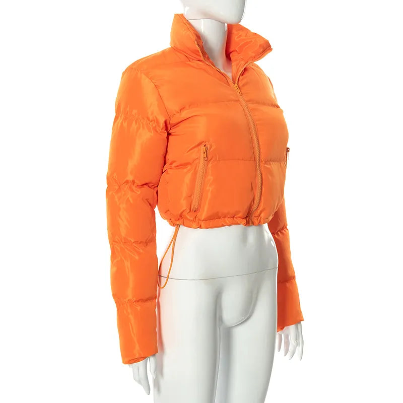 orange women's short puffer jacket cropped down jacket on a mannewuin side view