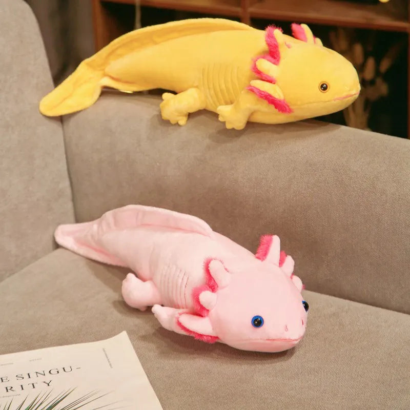 a light pink and a yellow oxolotl