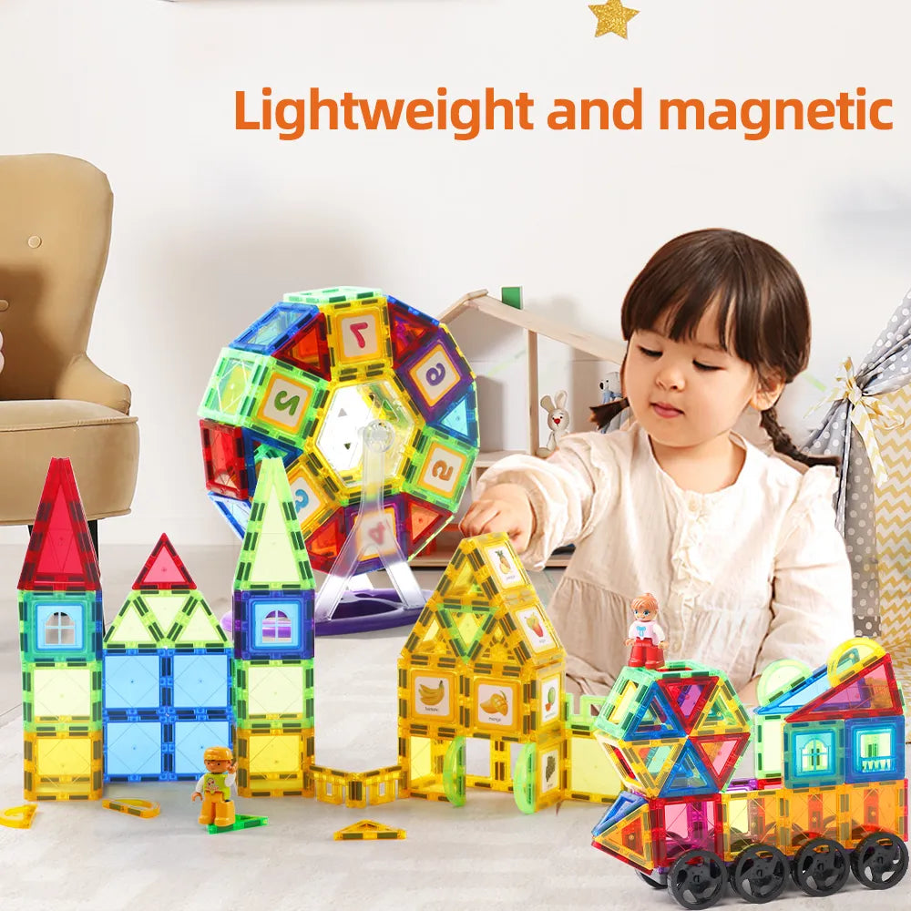 a 5 year old girl is having fun with her brand new Magnetic Building Tiles | Magnetic Builder | Magnetic Tiles Construction Set