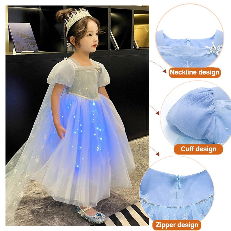 the picture presents detailed view of Light Up Princess Dress with its royal looking square neckline, voluminous design of its short sleeves and an invisible back zipper