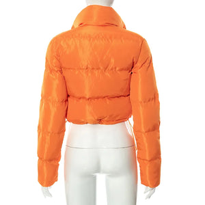 orange crop jacket with stand collar and long sleeveson a mannequin back view