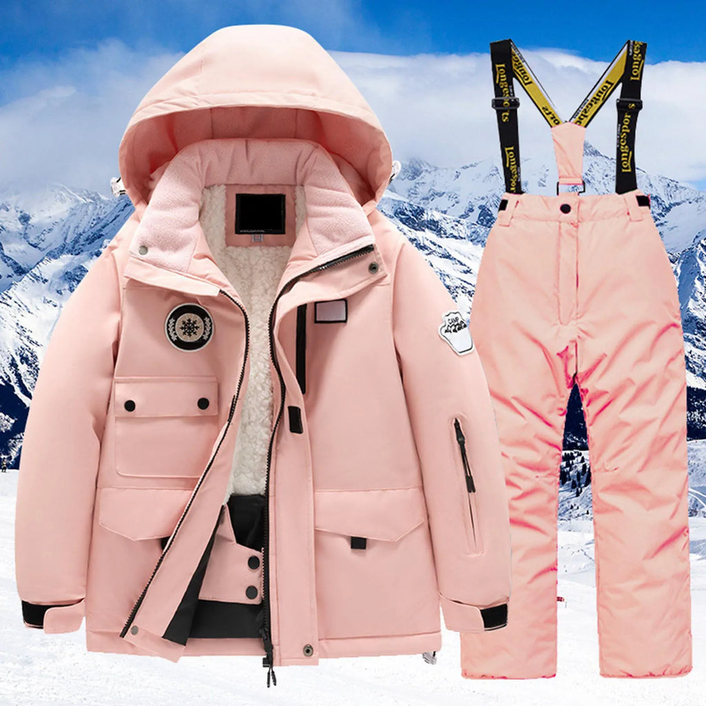 Girls Ski Suit Fleece Multi Pocket Jacket Pants Winter Windbroof Snowboarding Kids Clothes
