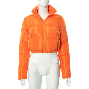 orange puffer jacket cropped on a mannequin front view