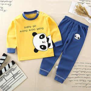 infant pyjamas yellow top and blue pants with panda design
