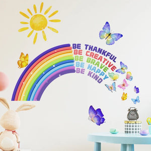 Colorful butterflies flutter around a vibrant rainbow, spreading joy and positivity in any child's room!