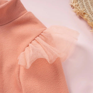 this picture is taking a closer look at stand collar and butterfly wings shoulder decoration of toddler girl dresses color pink