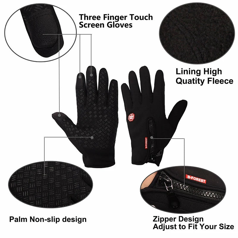 thermo glovs with three touch-screen sensitive tips, warm fleece lining, non-slip palm design and zipper